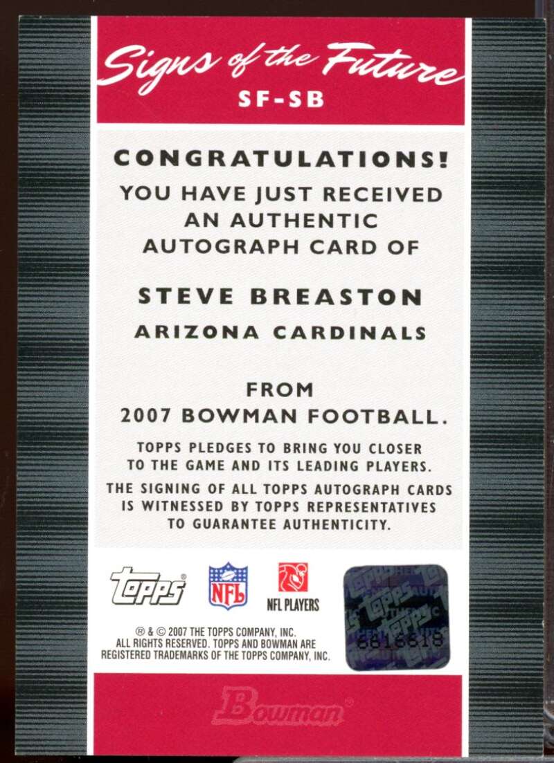 Steve Breaston Card 2007 Bowman Signs of the Future Autograph #SFSB  Image 2