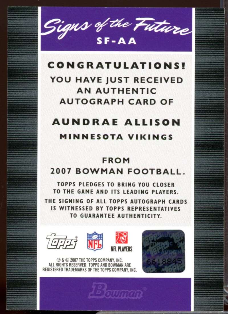 Aundrae Allison Card 2007 Bowman Signs of the Future Autograph #SFAA  Image 2