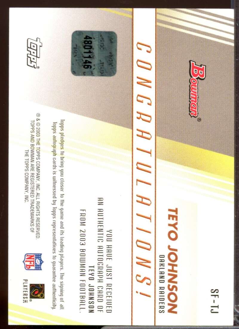 Teyo Johnson Card 2003 Bowman Signs of the Future Autographs #SFTJ  Image 2
