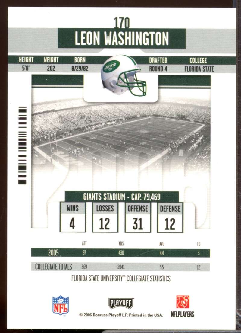 Leon Washington RC Card 2006 Playoff Contenders Rookie Autograph #170  Image 2