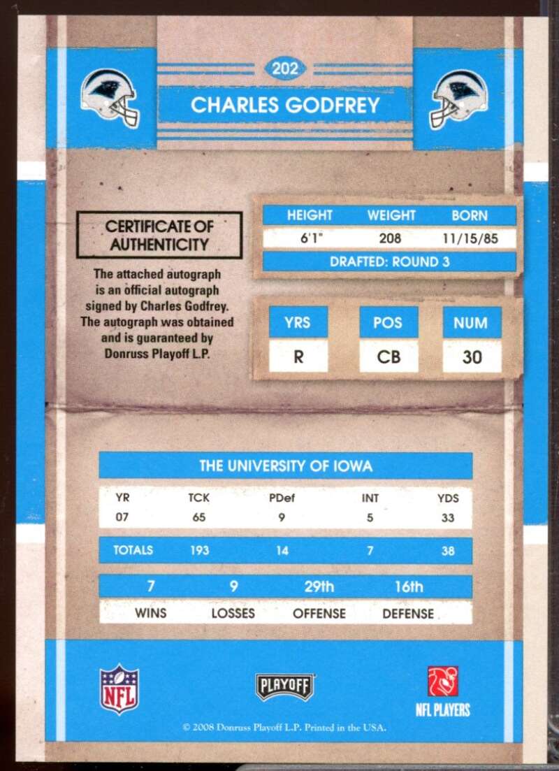 Charles Godfrey RC Card 2008 Playoff Contenders Rookie Autograph #202  Image 2