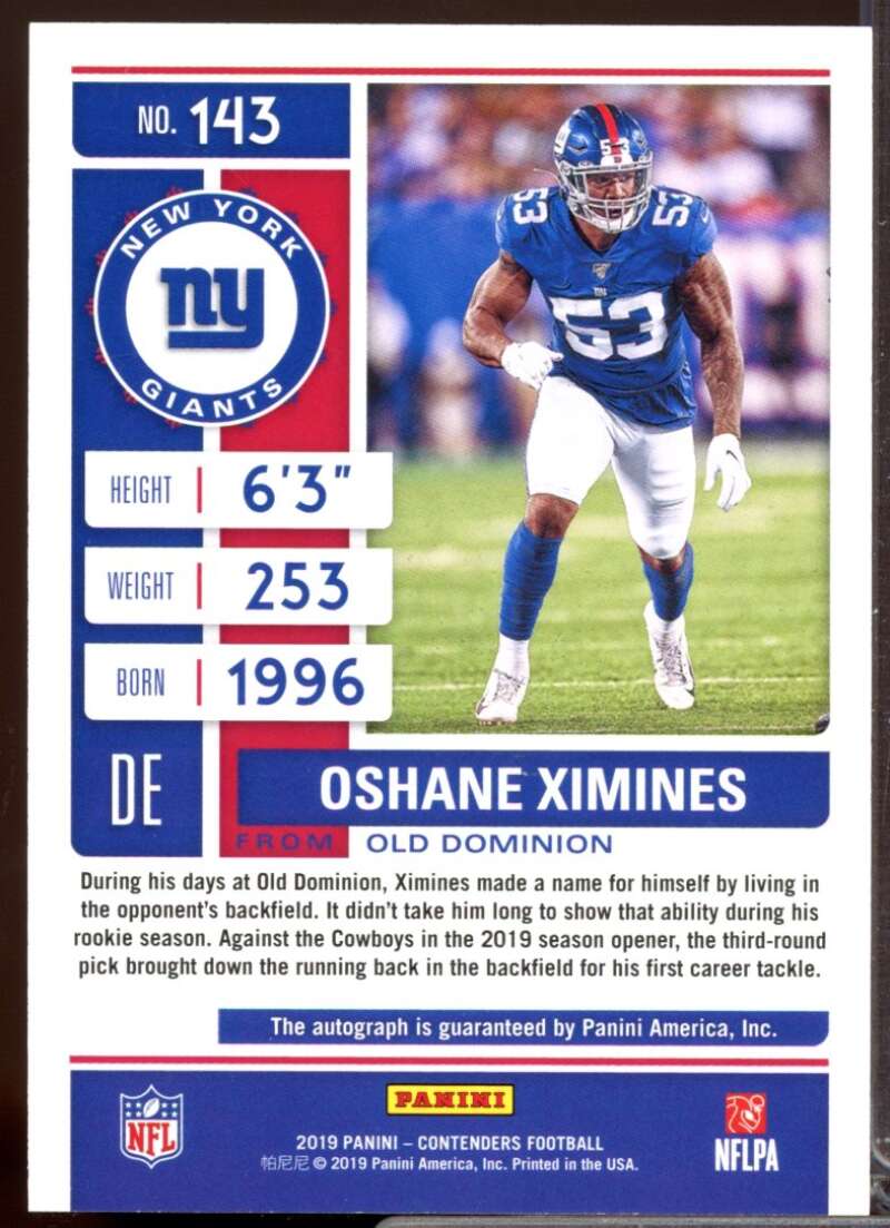Oshane Ximines 2019 Panini Contenders Rookie Autograph Championship Ticket #143  Image 2