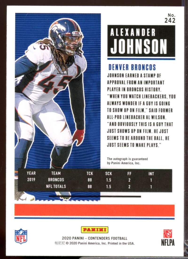 Alexander Johnson RC Card 2020 Panini Contenders Rookie Autograph #242  Image 2
