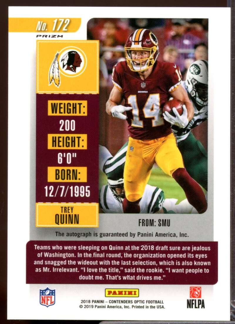 Trey Quinn RC Card 2018 Panini Contenders Optic Rookie Autograph #172  Image 2