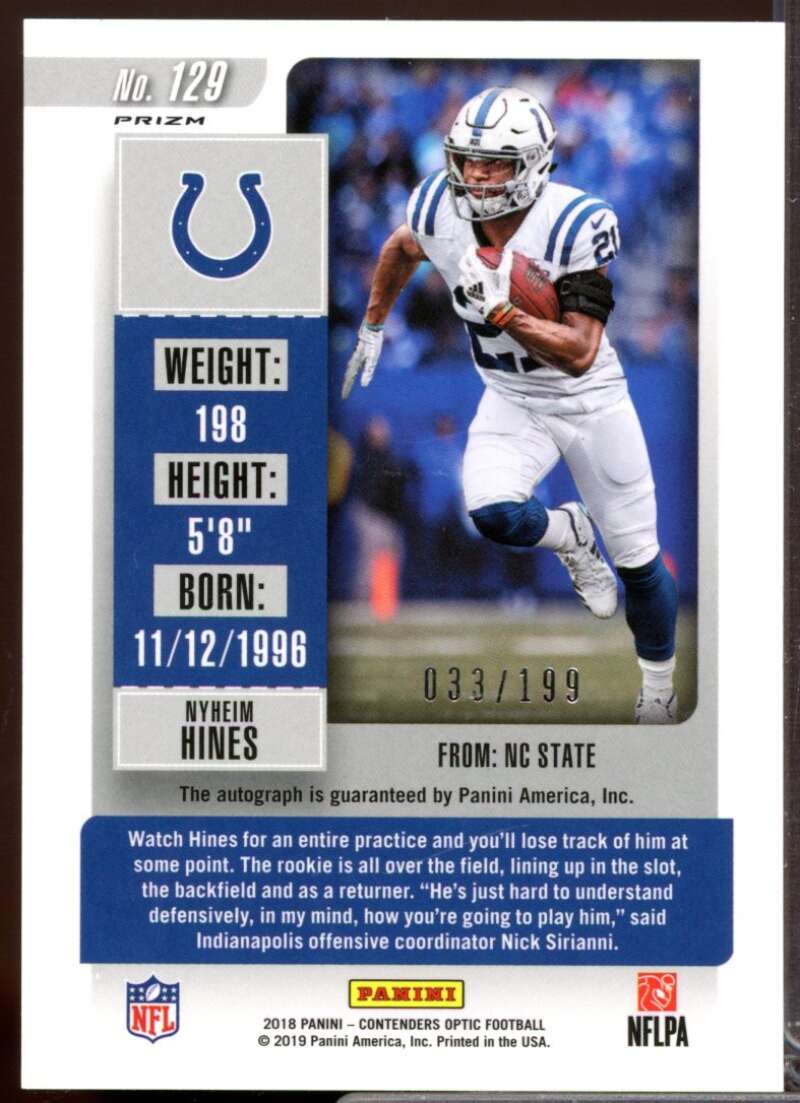 Nyheim Hines /199 Card 2018 Panini Contenders Optic Rookie Autograph Red #129  Image 2