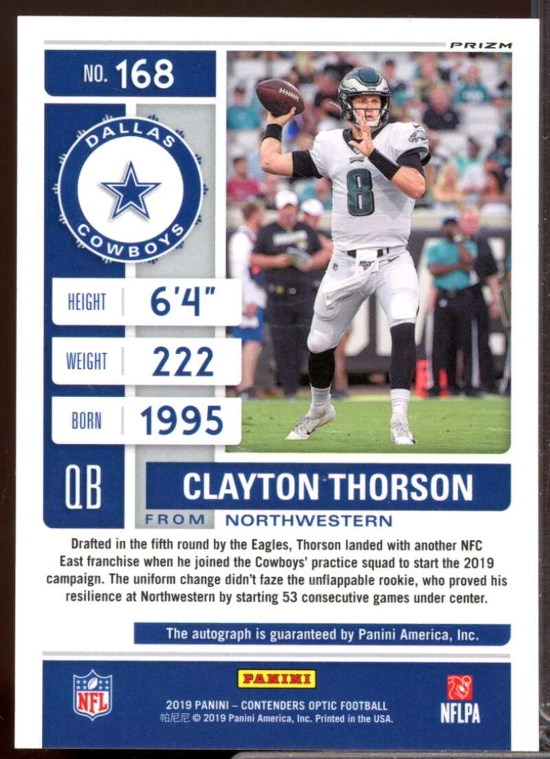 Clayton Thorson RC Card 2019 Panini Contenders Optic Rookie Autograph #168  Image 2