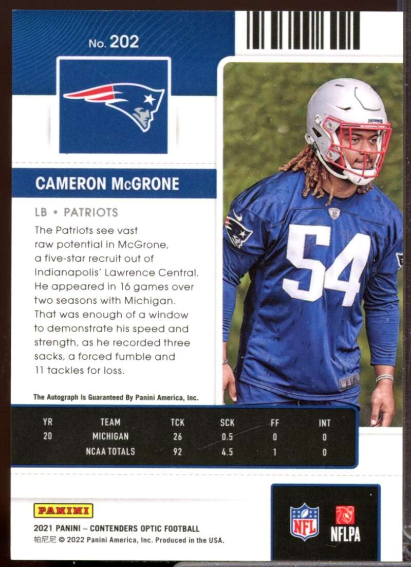 Cameron McGrone RC Card 2021 Panini Contenders Optic Rookie Autograph #202  Image 2