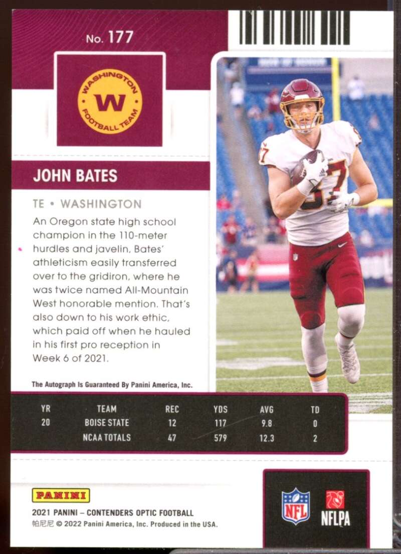 John Bates RC Card 2021 Panini Contenders Optic Rookie Autograph #177  Image 2
