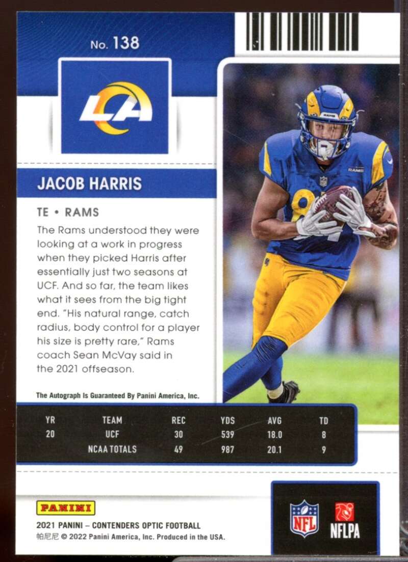 Jacob Harris RC Card 2021 Panini Contenders Optic Rookie Autograph #138  Image 2