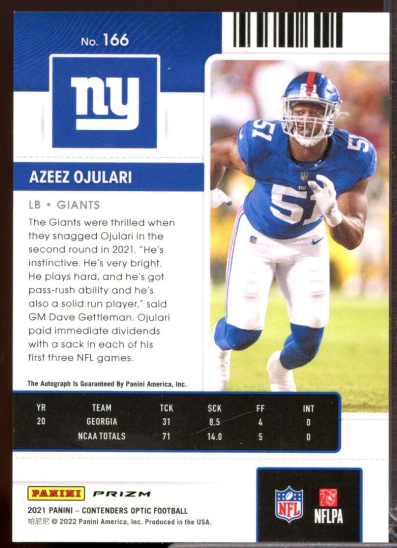 Azeez Ojulari RC Card 2021 Panini Contenders Optic Rookie Autograph Silver #166  Image 2
