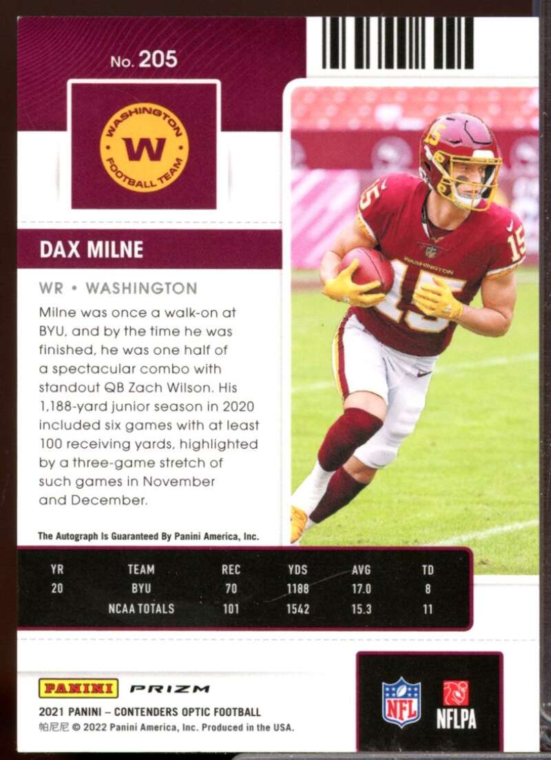 Dax Milne RC Card 2021 Panini Contenders Optic Rookie Autograph #205  Image 2