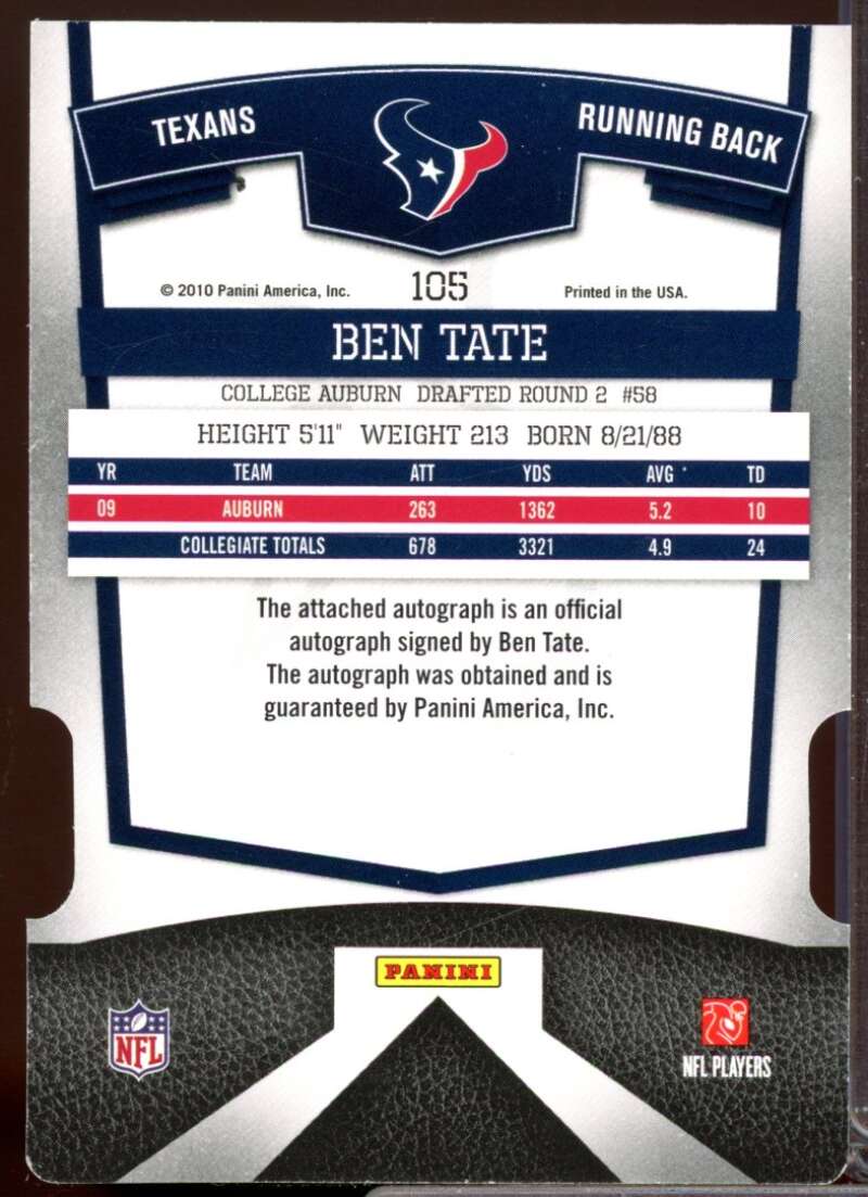 Ben Tate /49 Card 2010 Donruss Elite Aspirations Rookie Autographs #105  Image 2