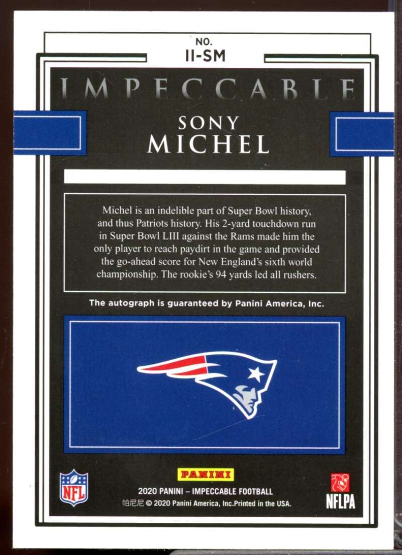 Sony Michel /50 Card 2020 Panini Impeccable Indelible Ink Autograph #28  Image 2