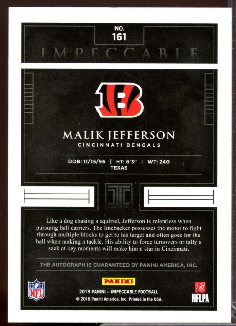 Malik Jefferson RC Card 2018 Panini Impeccable Rookie Autograph #161  Image 2