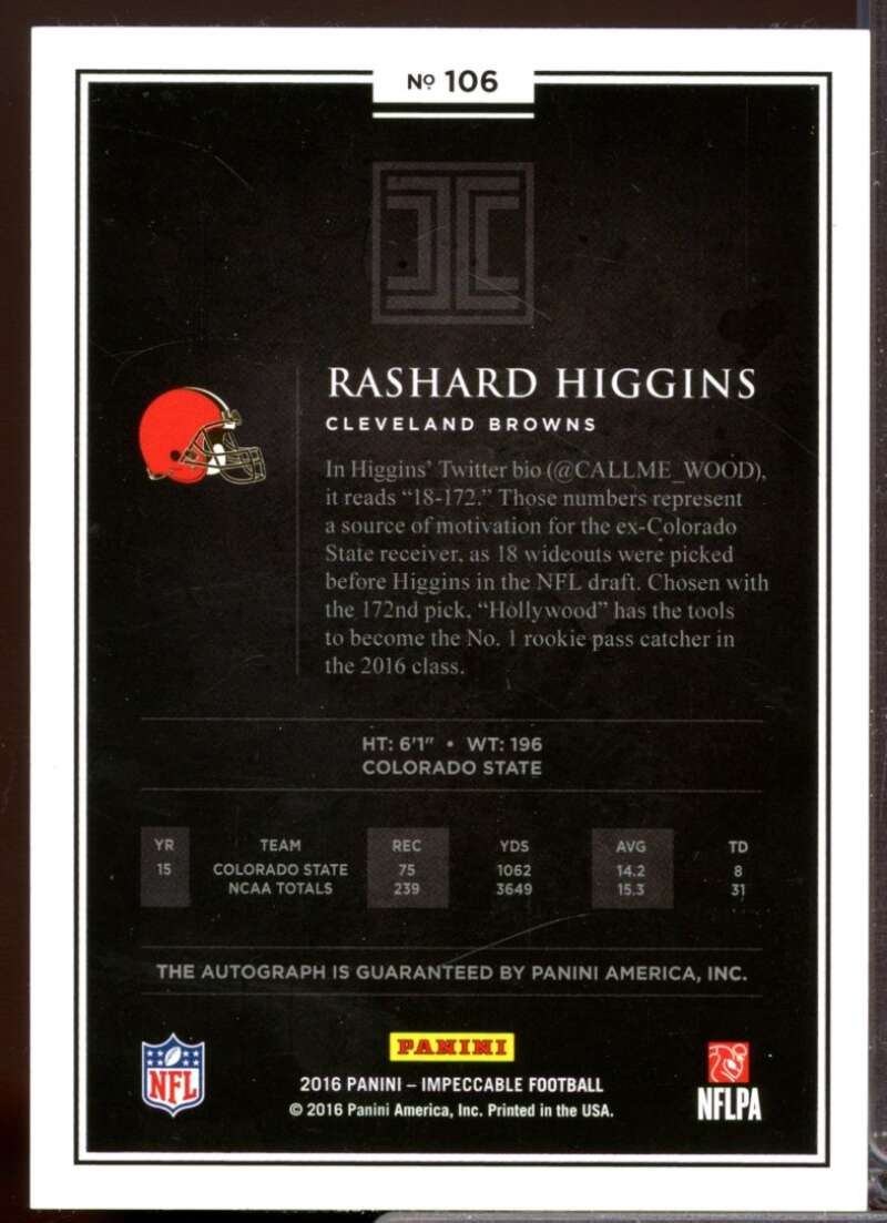 Rashard Higgins RC Card 2016 Panini Impeccable Rookie Autograph #106  Image 2