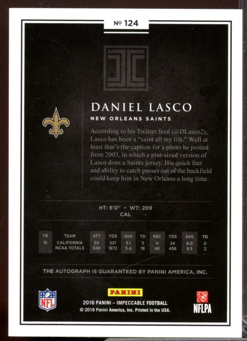 Daniel Lasco RC Card 2016 Panini Impeccable Rookie Autograph #124  Image 2
