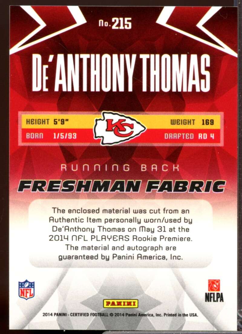 De'Anthony Thomas /699 RC Card 2014 Certified Rookie Jersey Autograph #215  Image 2