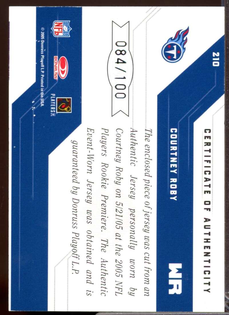 Courtney Roby RC Card 2005 Leaf Limited Rookie Jersey Autograph #210  Image 2