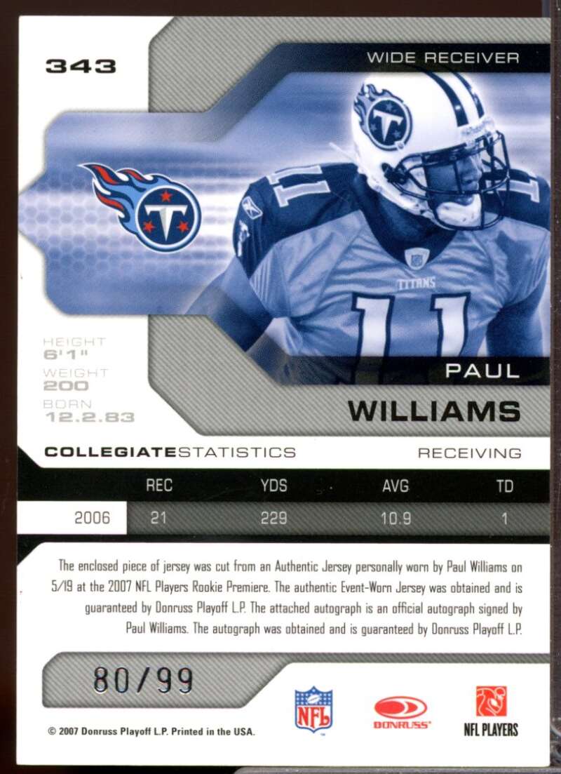 Paul Williams RC Card 2007 Leaf Limited Rookie Jersey Autograph #343  Image 2