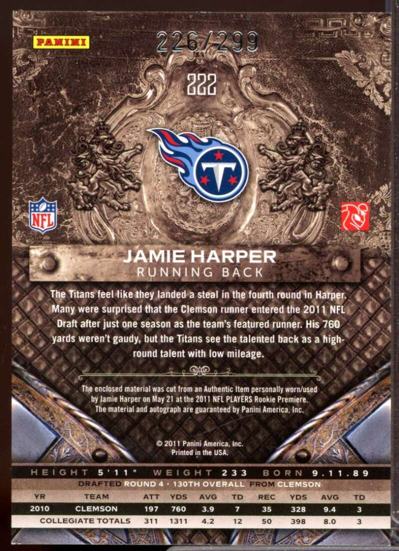 Jamie Harper /299 RC Card 2011 Crown Royale Rookie Jersey Autograph #222  Image 2