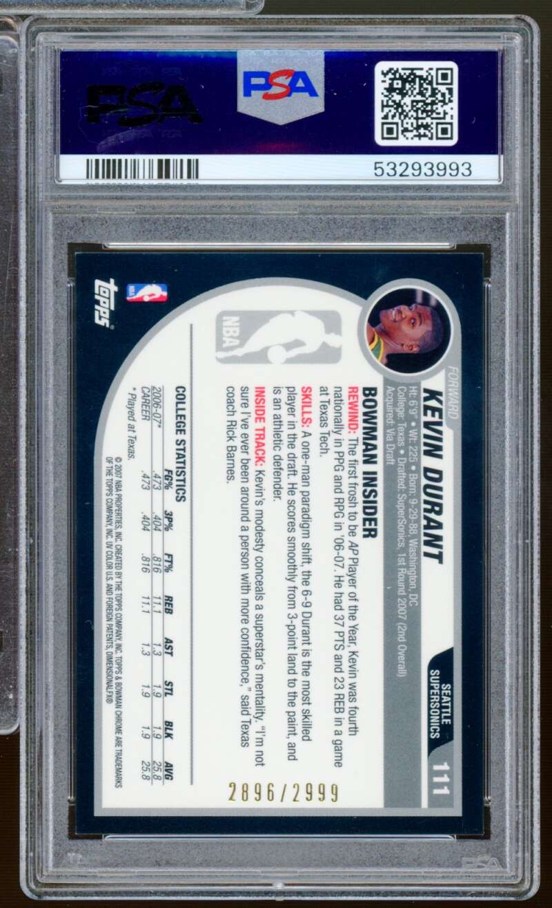 Kevin Durant Rookie Card 2007-08 Bowman Chrome #111 PSA 9 Image 2