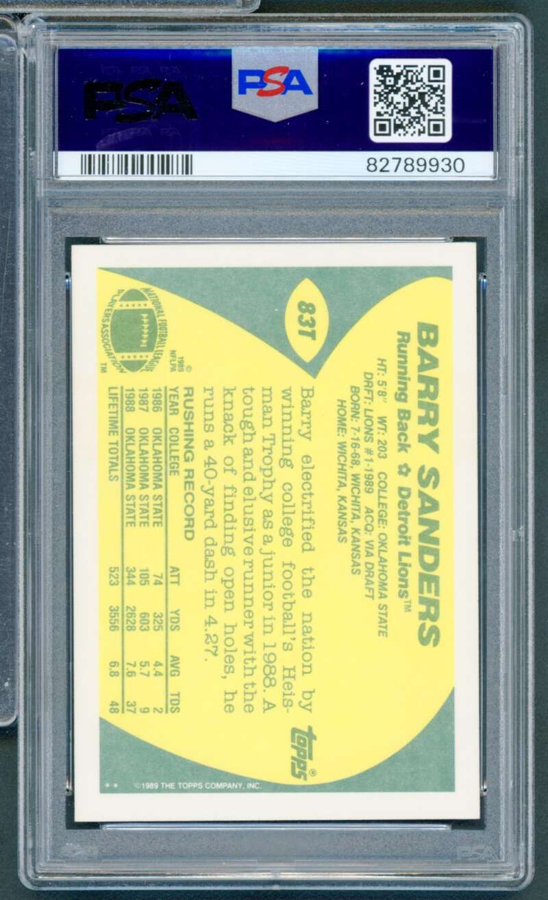 Barry Sanders Rookie Card 1989 Topps Traded #83T PSA 9 Image 2