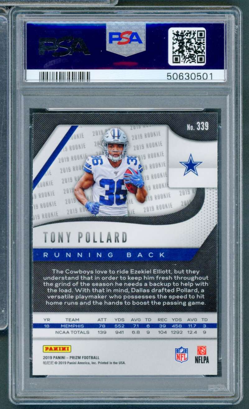Tony Pollard Rookie Card 2019 Panini Prizm #339 PSA 10 Image 2