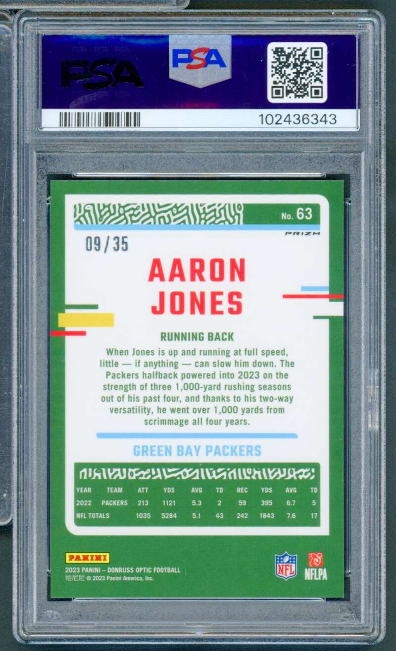 Aaron Jones Card 2023 Donruss Optic Bronze Mojo (9/35) (pop 2) #63 PSA 10 Image 2