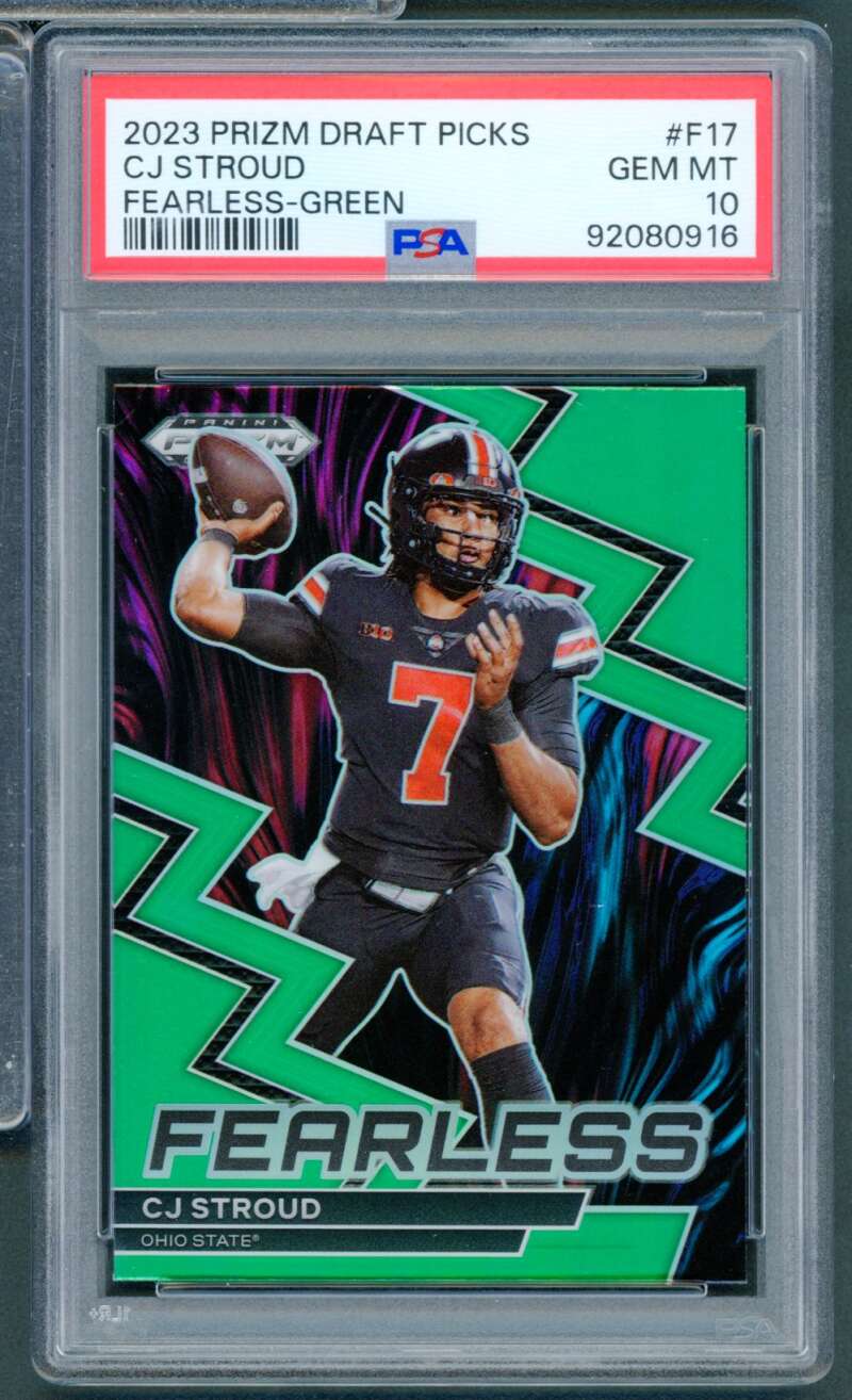C.J. Stroud Rookie Card 2023 Prizm Draft Picks Fearless Green #F17 PSA 10 Image 1