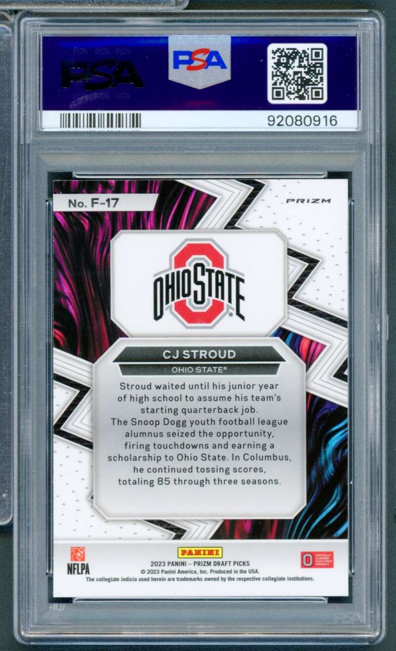C.J. Stroud Rookie Card 2023 Prizm Draft Picks Fearless Green #F17 PSA 10 Image 2