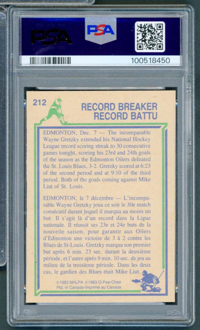 Wayne Gretzky Record Breaker Card 1983-84 O-Pee-Chee #212 PSA 9 Image 2