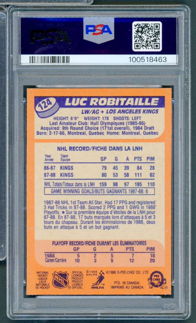 Luc Robitaille Card 1988-89 O-Pee-Chee #124 PSA 8 Image 2