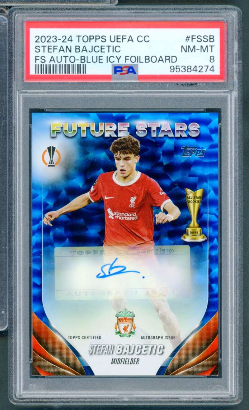 Stefan Bajcetic Rookie 2023-24 Topps UEFA Auto Blue Icy Foilboard #FSSB PSA 8 Image 1