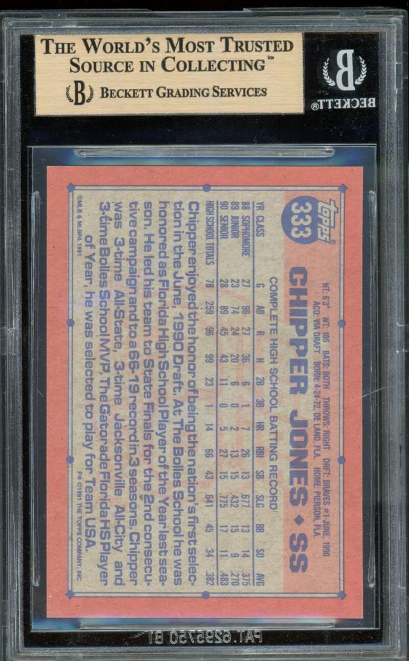 Chipper Jones Rookie Card 1991 Topps #333 BGS 9.5 Image 2