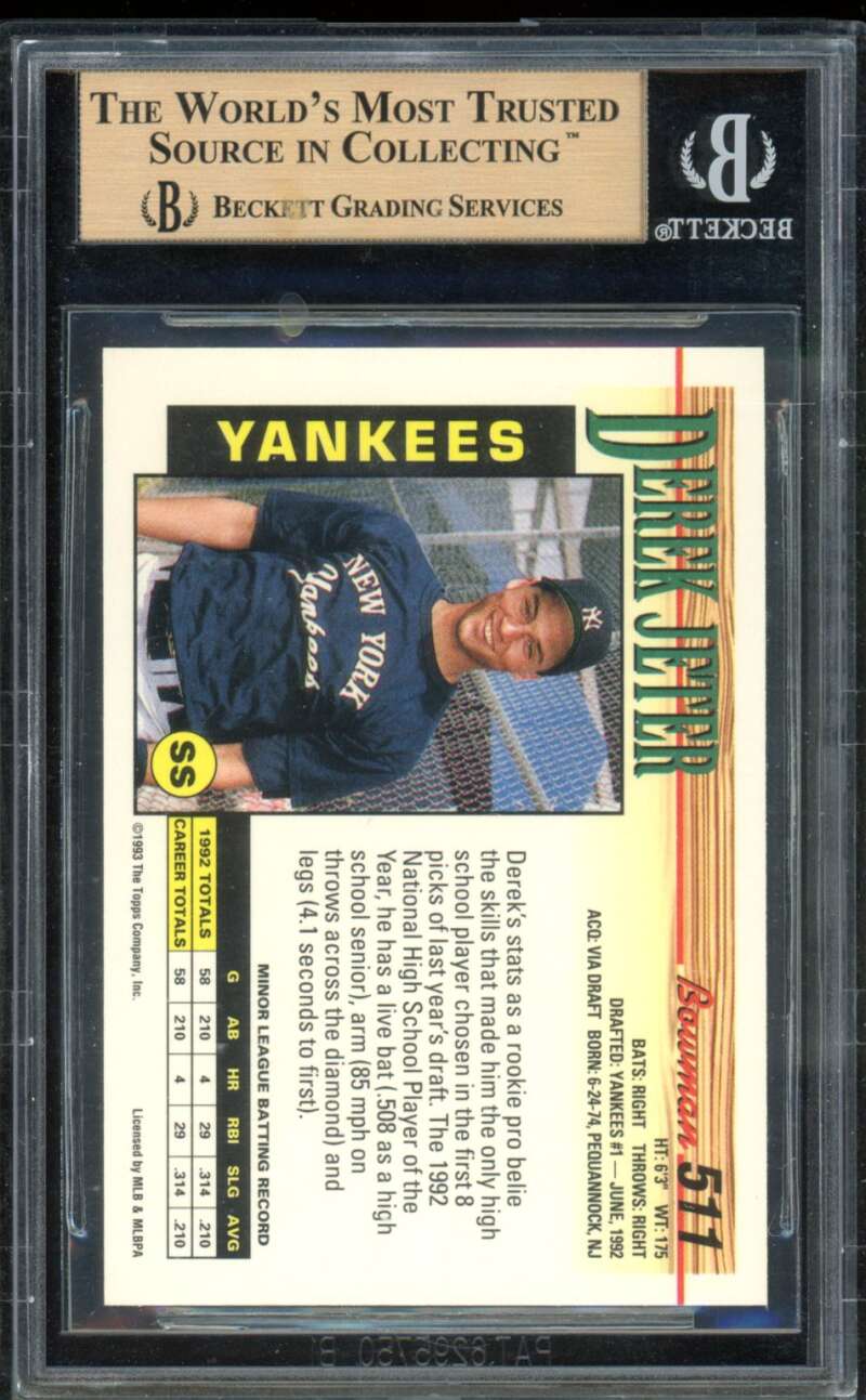 Derek Jeter Rookie Card 1993 Bowman #511 BGS 9.5 Image 2