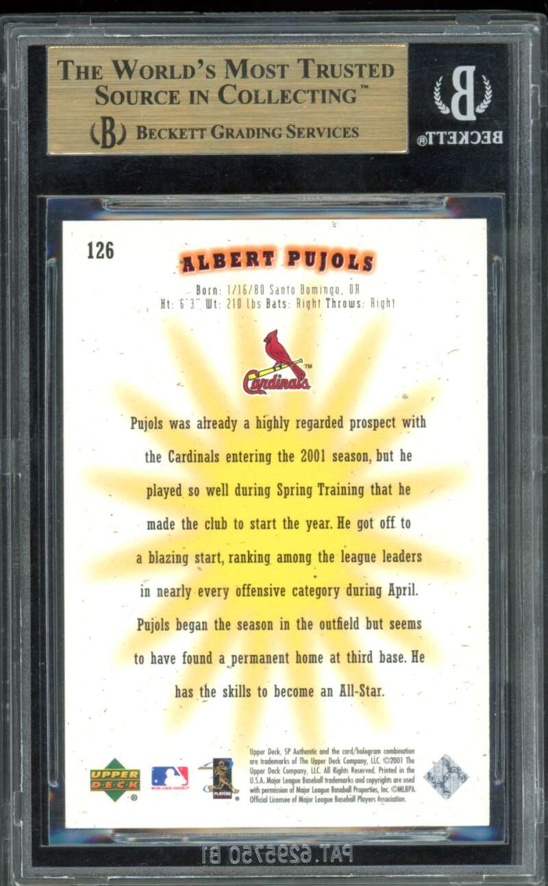Albert Pujols Rookie Card 2001 SP Authentic #126 BGS 9.5 Image 2