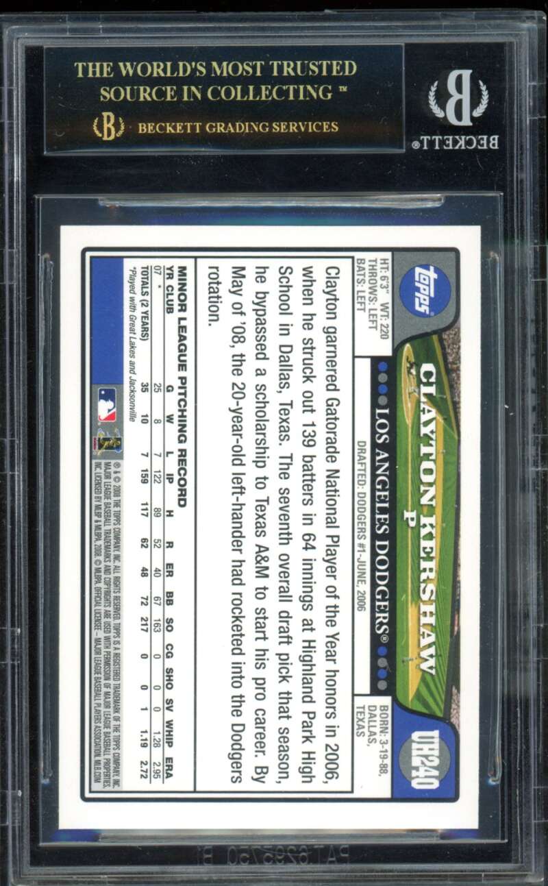 Clayton Kershaw Rookie 2008 Topps Update (Black Label) (pop 2) #UH240 BGS 10 Image 2