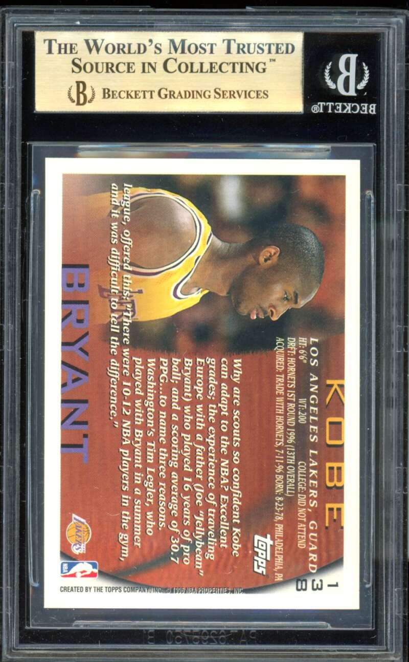 Kobe Bryant Rookie Card 1996-97 Topps #138 BGS 9.5 Image 2