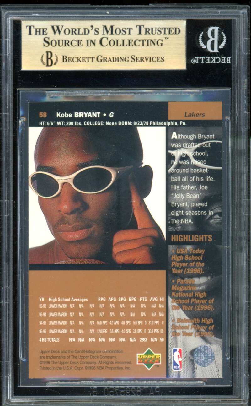 Kobe Bryant Rookie Card 1996-97 Upper Deck #58 BGS 9.5 Image 2