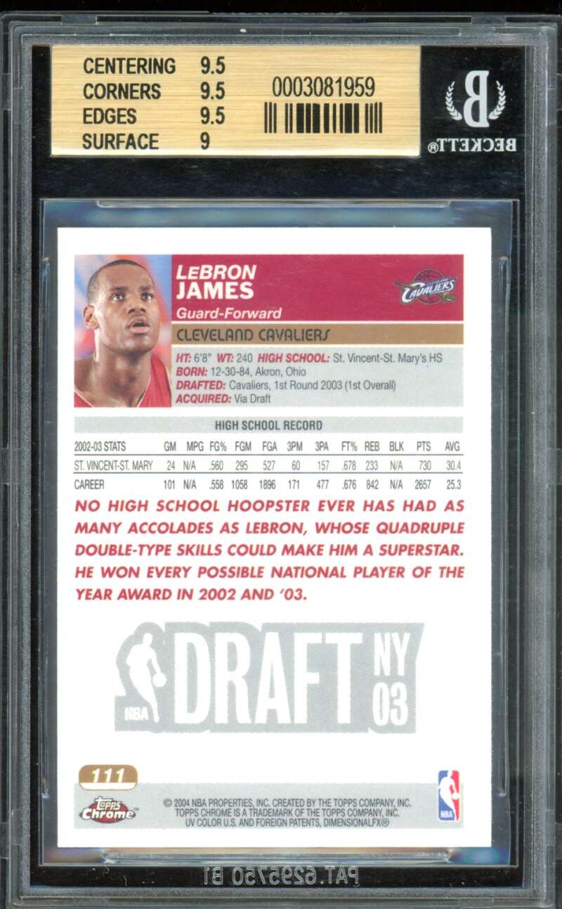 Lebron James Rookie Card 2003-04 Topps Chrome #111 BGS 9.5 Image 2