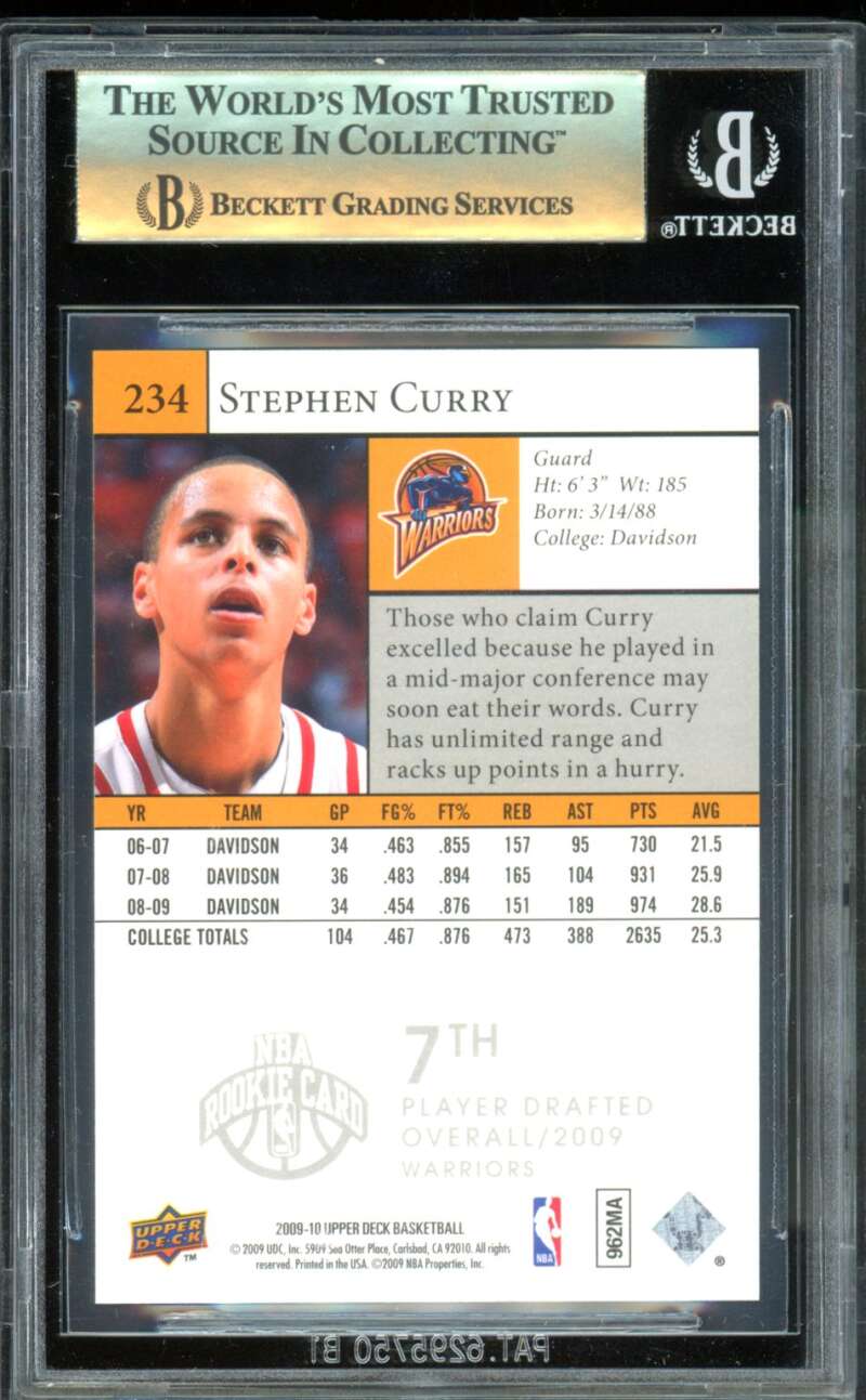 Stephen Curry Rookie Card 2009-10 Upper Deck #234 BGS 9.5 Image 2