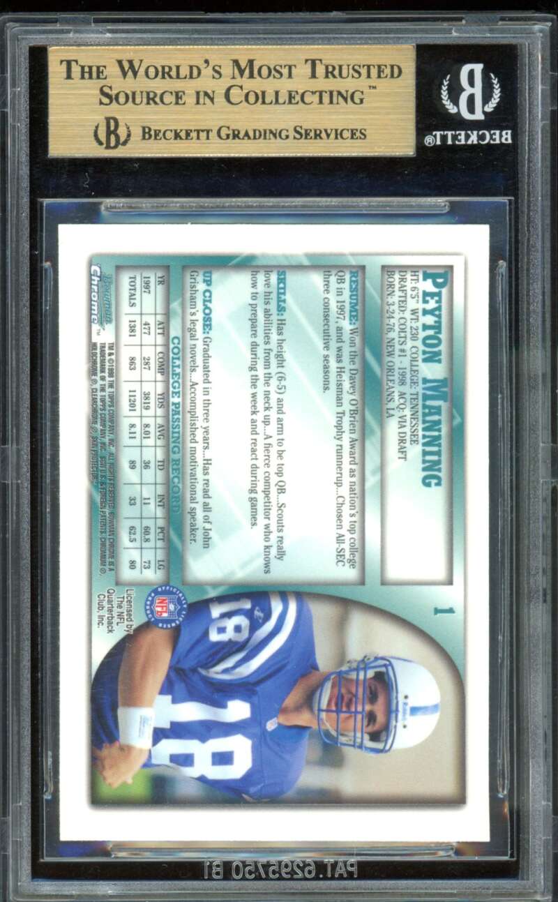 Peyton Manning Rookie Card 1998 Bowman Chrome #1 BGS 9.5 Image 2