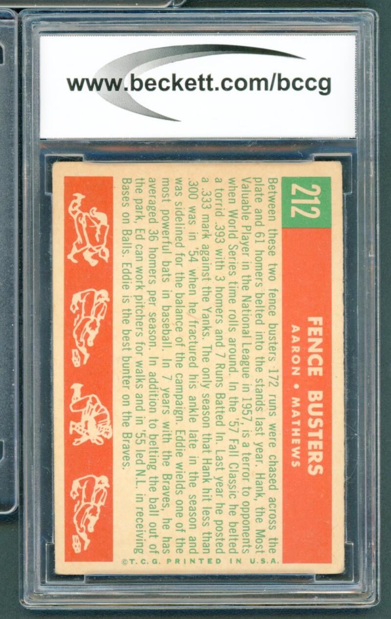 1959 Topps #212 Hank Aaron/Eddie Mathews Card BGS BCCG 7 Very Good+ Image 2