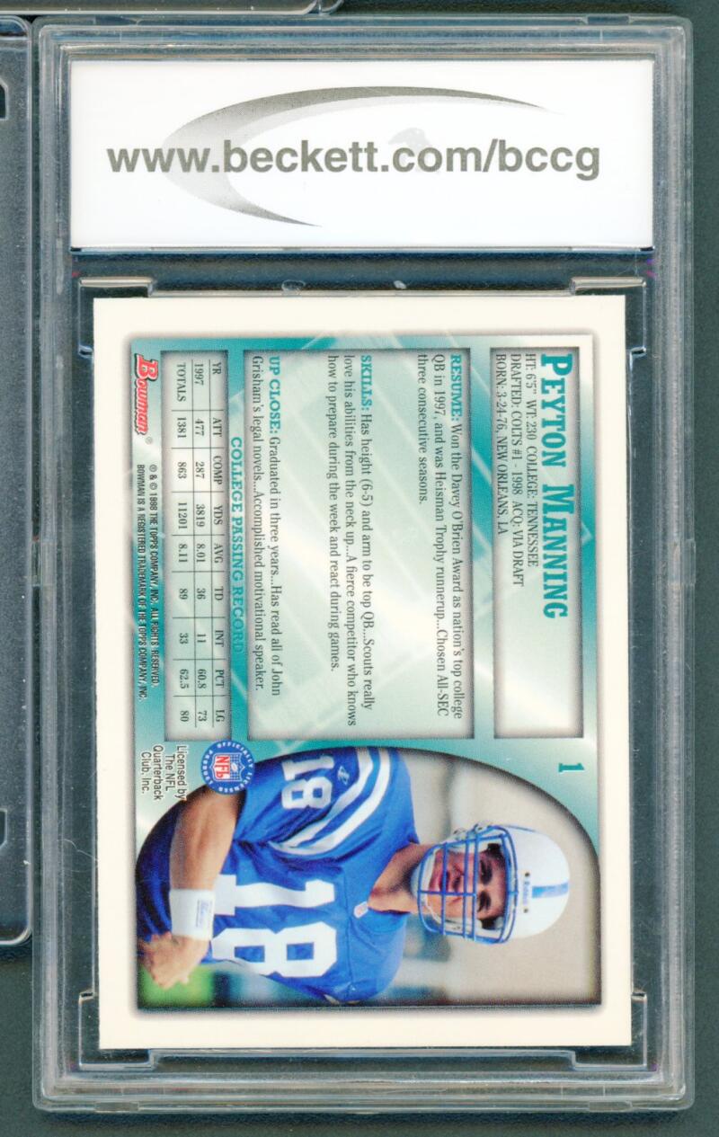 1998 bowman #1 PEYTON MANNING indianapolis colts rookie card BGS BCCG 10 Image 2