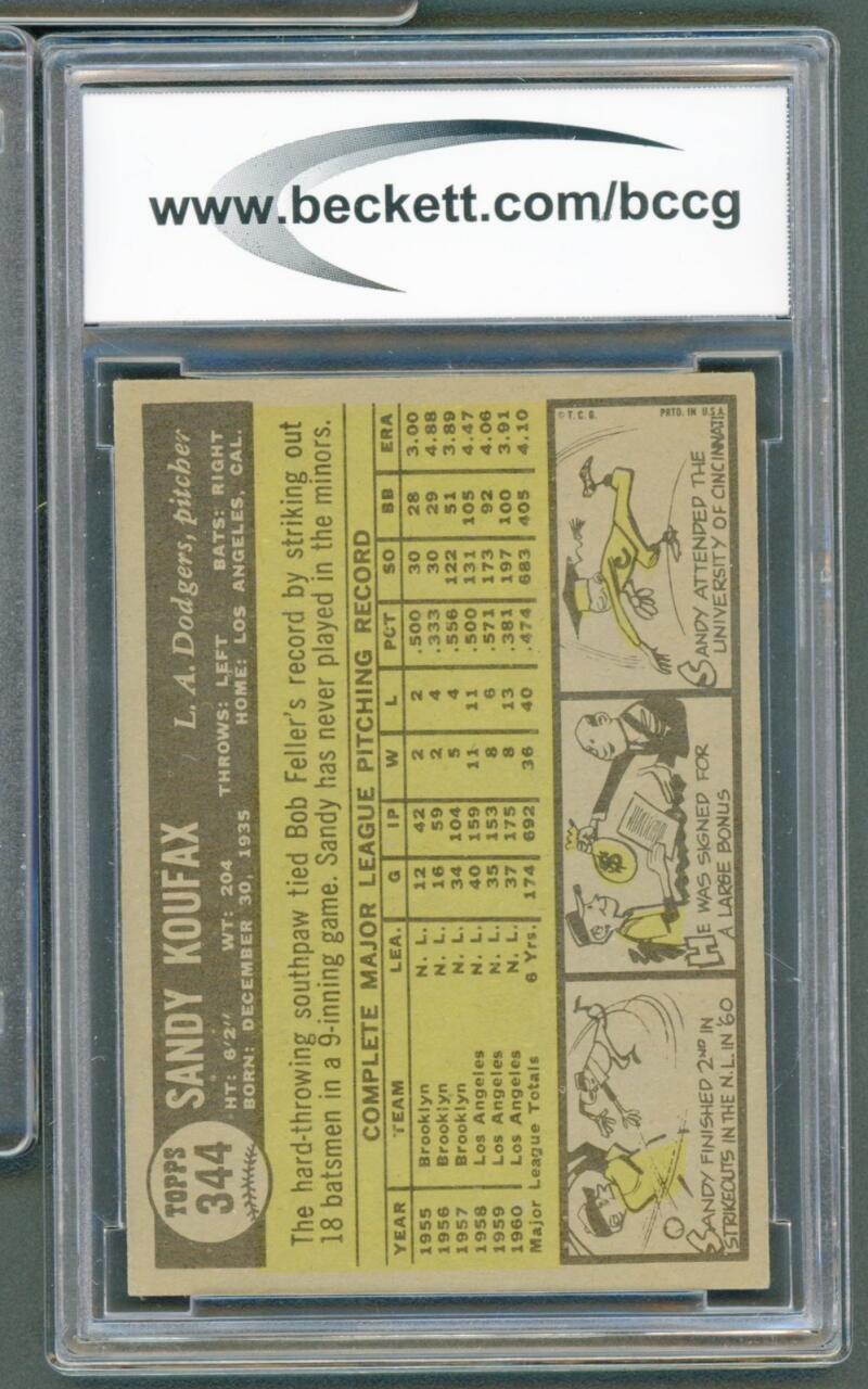 1961 Topps #344 Sandy Koufax Card BGS BCCG 7 Very Good+ Image 2