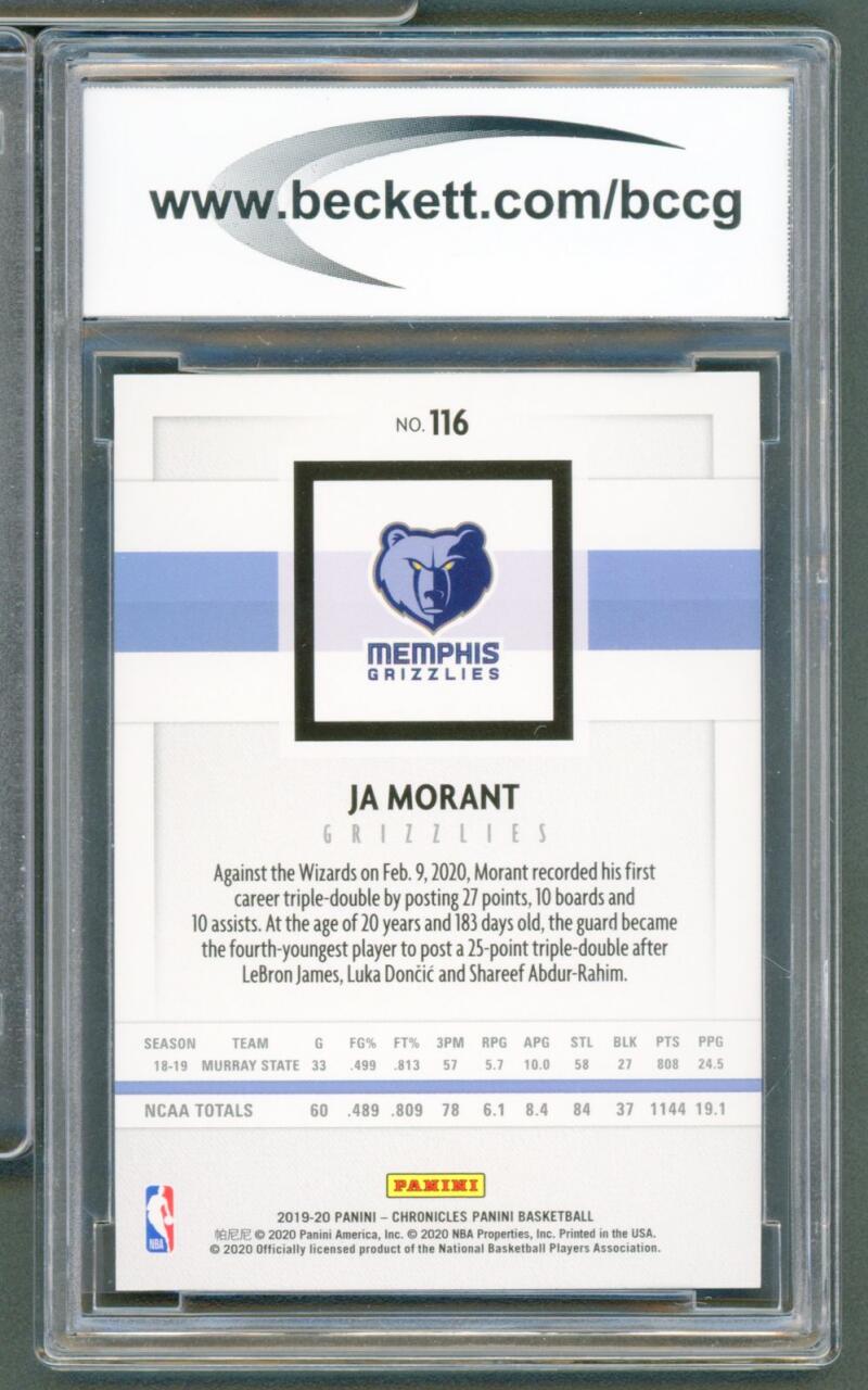 2019-20 Chronicles Panini #116 Ja Morant Rookie w/Young Dolph BGS BCCG 10 Mint+ Image 2