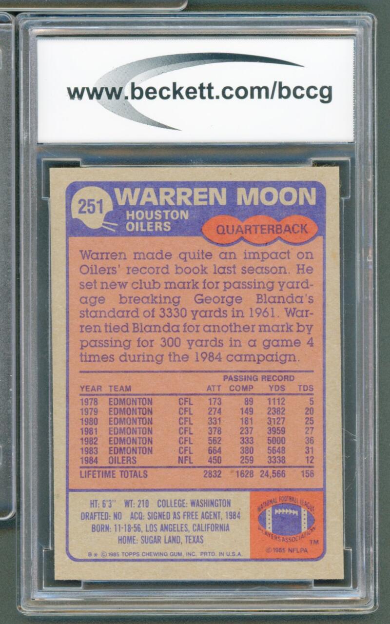 1985 Topps #251 Warren Moon Rookie Card BGS BCCG 9 Near Mint+ Image 2