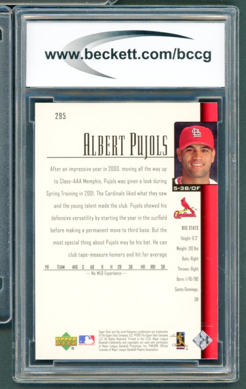 2001 Upper Deck #295 Albert Pujols Rookie Card BGS BCCG 10 Mint+ Image 2