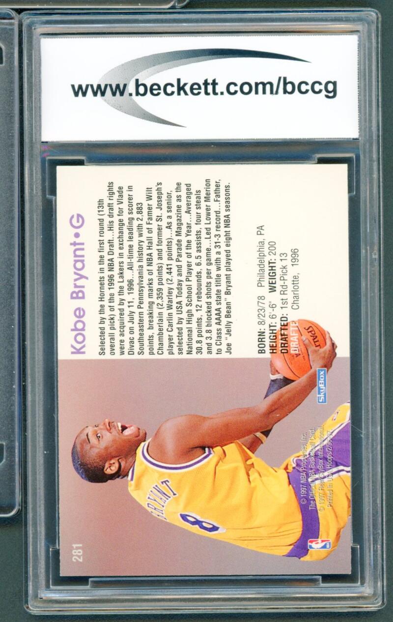 1996-97 Hoops #281 Kobe Bryant Rookie Card BCCG 10 Mint+ Image 2