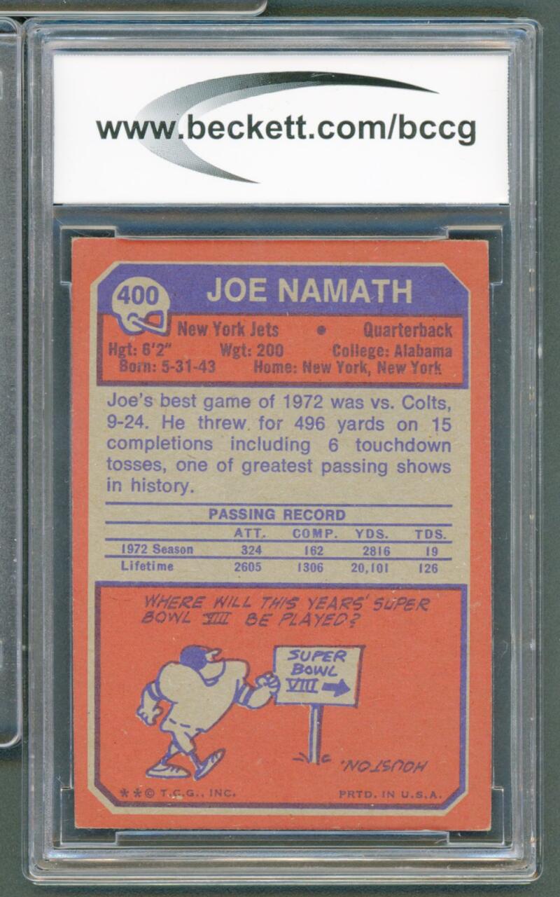 1973 Topps #400 Joe Namath Card BGS BCCG 8 Excellent+ Image 2